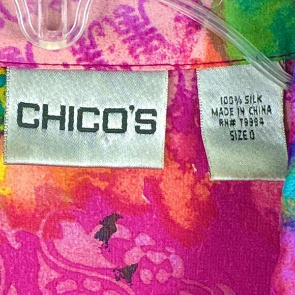 Chicos Silk Shirt Womens 0 (S) Pink Sheer Multicolor Abstract Maximalist Art AOP - Picture 8 of 8
